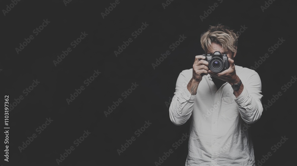 hipster man holding a camera and taking a photo Over black Studio Background. hipster man holding a camera and taking a photo Over black Studio Background.