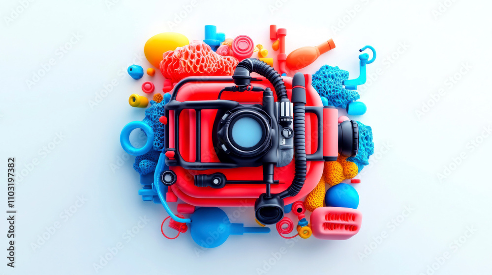Colorful underwater diving gear arranged artistically.