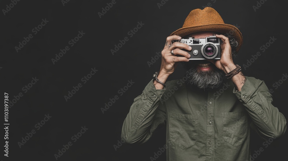 hipster man holding a camera and taking a photo Over black Studio Background. hipster man holding a camera and taking a photo Over black Studio Background.