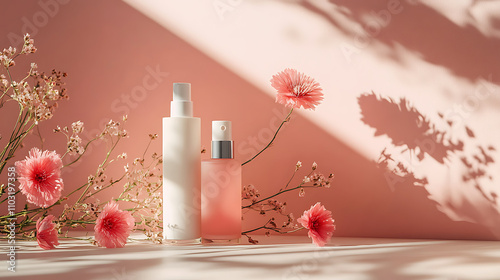 This is beauty photography scene featuring elegant cosmetic bottles surrounded by delicate flowers, creating serene and fresh atmosphere