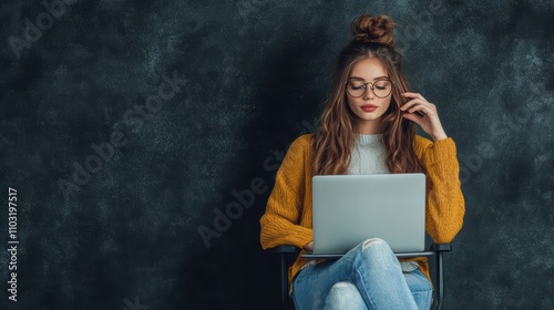hipster smart 26 year old girl sitting on office chair working on laptop hand mobile hair not open Over black Studio Background.