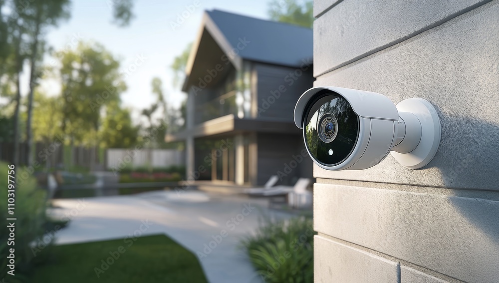 Modern security camera mounted on a gray brick wall with a blurred background of a house and green yard. Modern security camera mounted on a gray brick wall with a blurred background of a house and green yard.