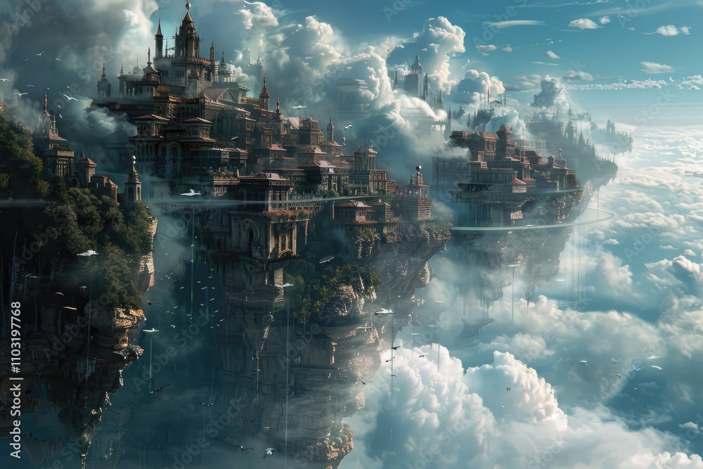 A Floating City Amidst Fluffy White Clouds A Floating City Amidst Fluffy White Clouds