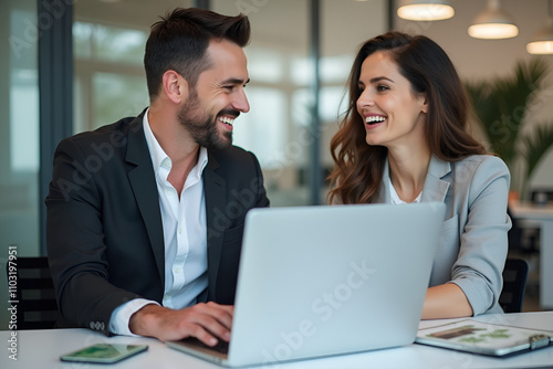 Smiling Professionals Collaborating on a Project in the Office