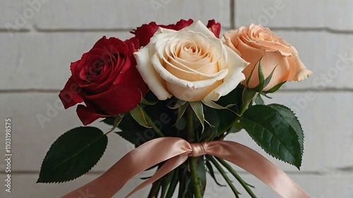 Rose Bouquet Elegance: A captivating close-up captures the delicate beauty of a small bouquet of roses in varying shades of red, cream, and peach.