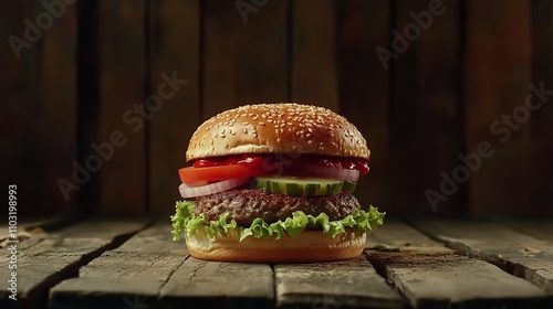 Fresh tasty delicious burger with beef patty lettuce onions photo