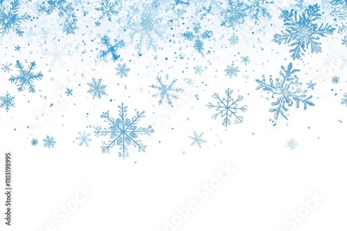 White background with blue snowflakes falling from the top.