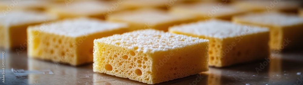 Close-up view of yellow sponges arranged on a surface, showcasing their texture and shape, ideal for cleaning and household tasks. Close-up view of yellow sponges arranged on a surface, showcasing their texture and shape, ideal for cleaning and household tasks.
