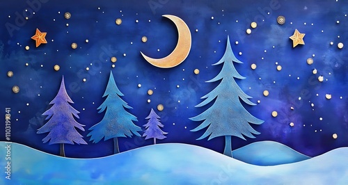 Christmas night landscape with moon and stars, paper cut.