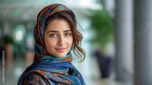 Woman in Colorful Headscarf Smiling Indoors