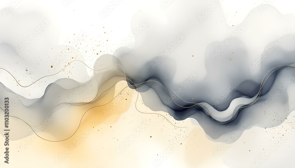 Obraz premium Colorful blurred defocused watercolour abstract background design. Soft watercolor background in pastel yellow and pale grey, overlaid with elegant gold line art and subtle paintbrush effects