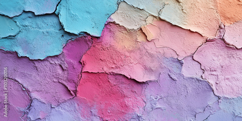 Colorful peeling paint on a textured wall with cracks in bright pastel shades of pink, purple orange and blue photo