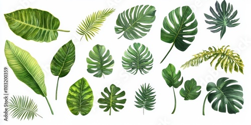 Collection of green tropical leaves on white background.