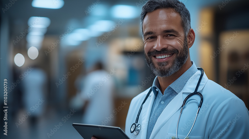 Fototapeta premium Smiling doctor using a tablet computer