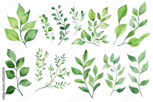 Hand-painted watercolor green leaves and branches isolated on white background. Perfect for design and craft projects.