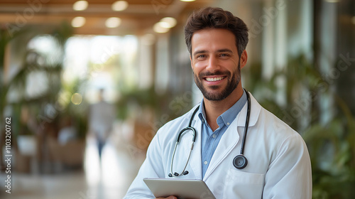 Smiling doctor using a tablet computer