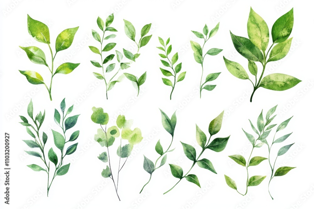 Watercolor painting of green leaves isolated on white background. Watercolor painting of green leaves isolated on white background.