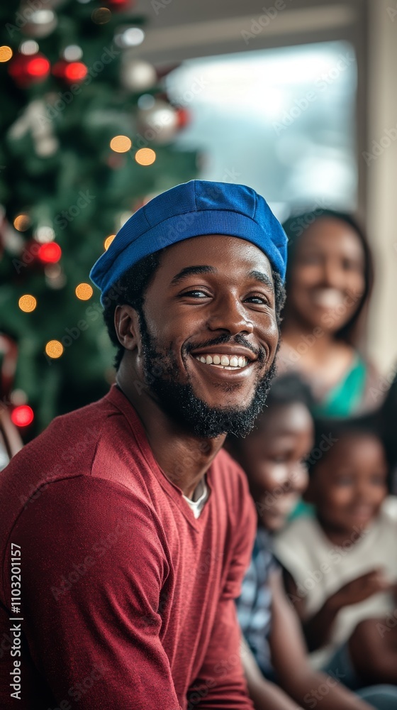 A joyful man in a blue hat smiles warmly during a family Christmas celebration with a decorated tree in the background. A joyful man in a blue hat smiles warmly during a family Christmas celebration with a decorated tree in the background.