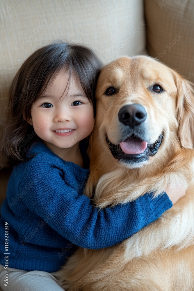 Smiling child embraces a golden retriever on a cozy sofa, showcasing friendship and joy in a warm home setting. Smiling child embraces a golden retriever on a cozy sofa, showcasing friendship and joy in a warm home setting.