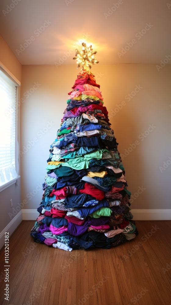 A colorful stack of clothes shaped like a Christmas tree with a star on top, creatively displayed in a room. A colorful stack of clothes shaped like a Christmas tree with a star on top, creatively displayed in a room.