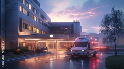  Front view of a huge hospital building and an ambulance parked photo