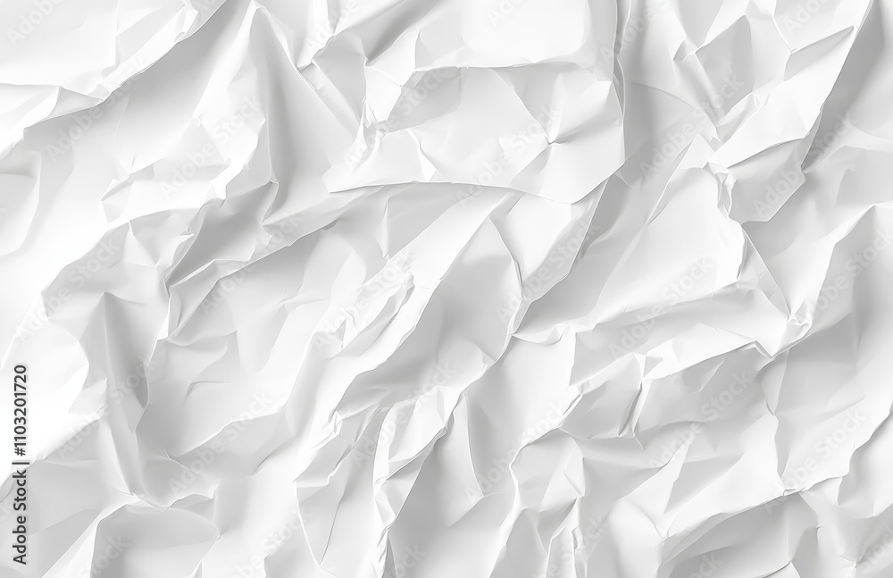 Crumpled white paper texture with abstract patterns and shadows.