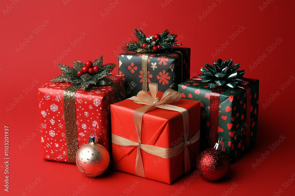 Vivid red Christmas background with gifts, tassels and fir tree. Generative AI Vivid red Christmas background with gifts, tassels and fir tree. Generative AI