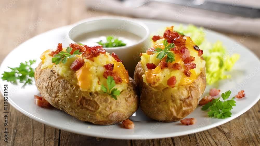 baked potato stuffed with cream, cheddar cheese and bacon baked potato stuffed with cream, cheddar cheese and bacon