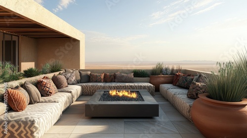 A luxurious southwestern rooftop terrace with plush outdoor seating in soft