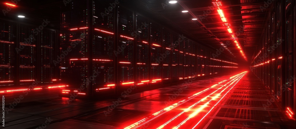 Red-lit server room corridor. Red-lit server room corridor.