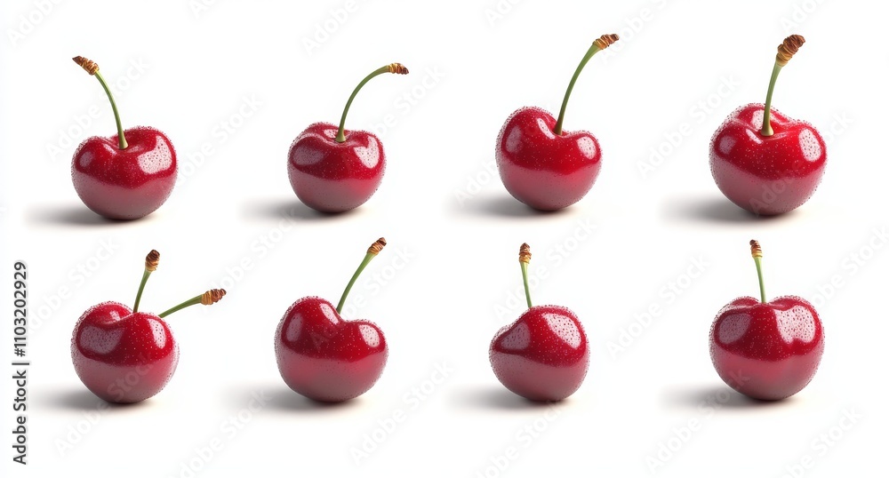 Eight fresh red cherries with dew drops on a white background, arranged in three rows. Eight fresh red cherries with dew drops on a white background, arranged in three rows.