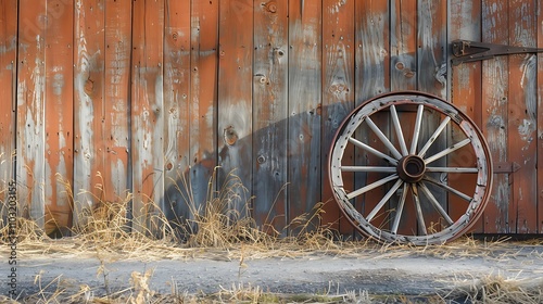 A Vintage Wooden Wagon Wheel Leaning Against a Weathered Barn, Surrounded by Rustic Elements and Faded Farmhouse Charm, Evoking a Sense of History and Timeworn Beauty