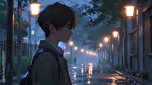 Anime portrait of a teen boy at night in a misty environment, high quality,  8k, bokeh background