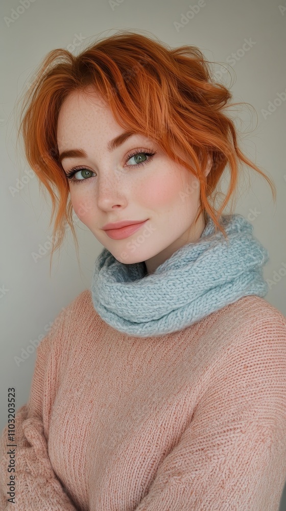 Portrait of a red-haired woman wearing a cozy knit sweater and scarf, exuding warmth and elegance.