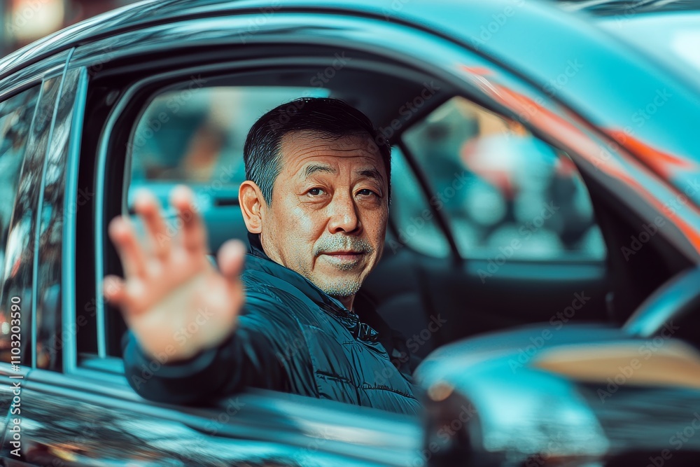Obraz premium Mature man waves from car window in bustling urban street, conveying warmth and connection with passerby.