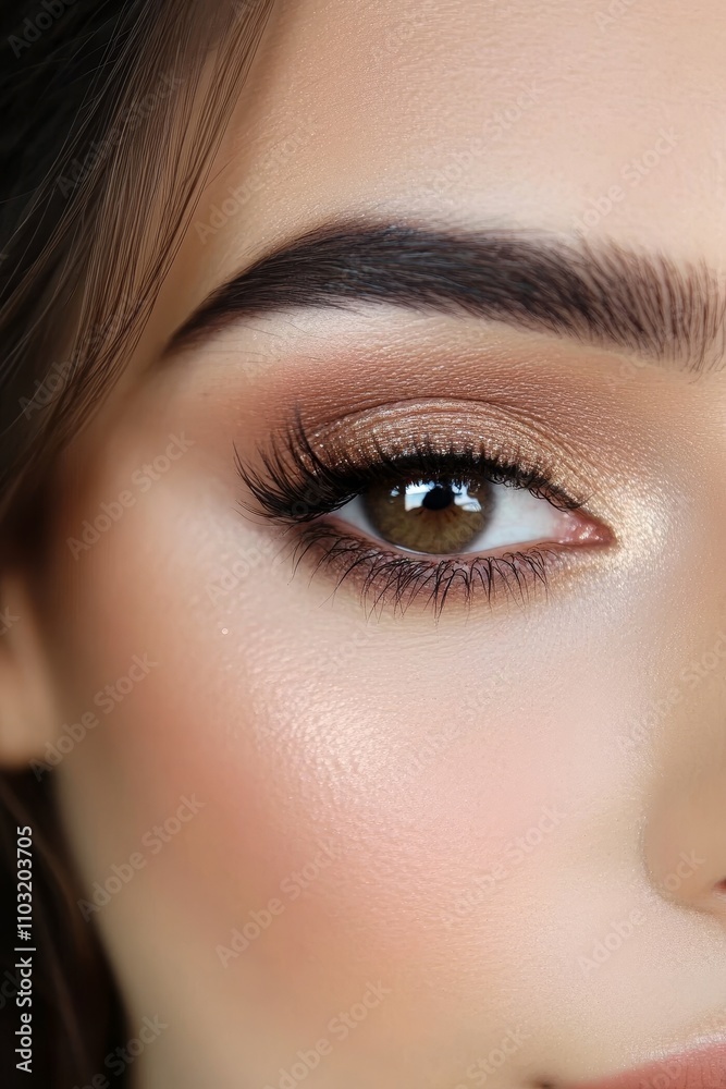 Fototapeta premium Detailed macro of shimmering eyeshadow on closed eyelid, showcasing intricate eyebrow styling and flawless complexion.