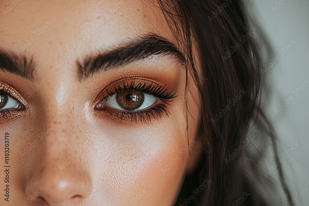 Portrait of a person highlighting detailed eye makeup and natural freckles, showcasing beauty and self-expression. Portrait of a person highlighting detailed eye makeup and natural freckles, showcasing beauty and self-expression.