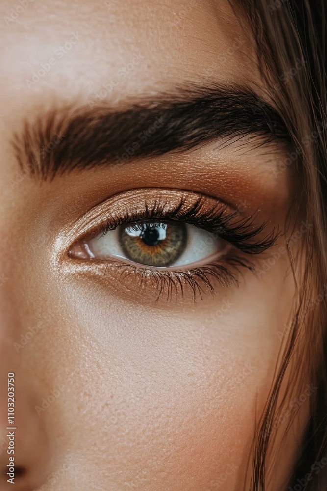 Detailed close-up of an eye with shimmering golden eyeshadow, showcasing beauty and makeup artistry with precise application. Detailed close-up of an eye with shimmering golden eyeshadow, showcasing beauty and makeup artistry with precise application.