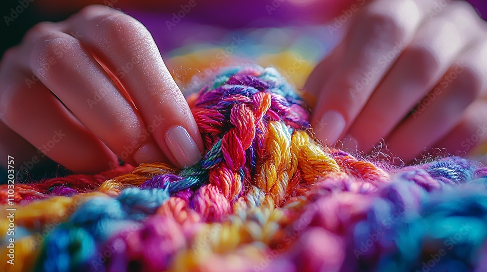 Crafting Creative Warmth: Close-Up of Knitting Hands with Vibrant Yarn in Cozy Living Space Ambiance Crafting Creative Warmth: Close-Up of Knitting Hands with Vibrant Yarn in Cozy Living Space Ambiance