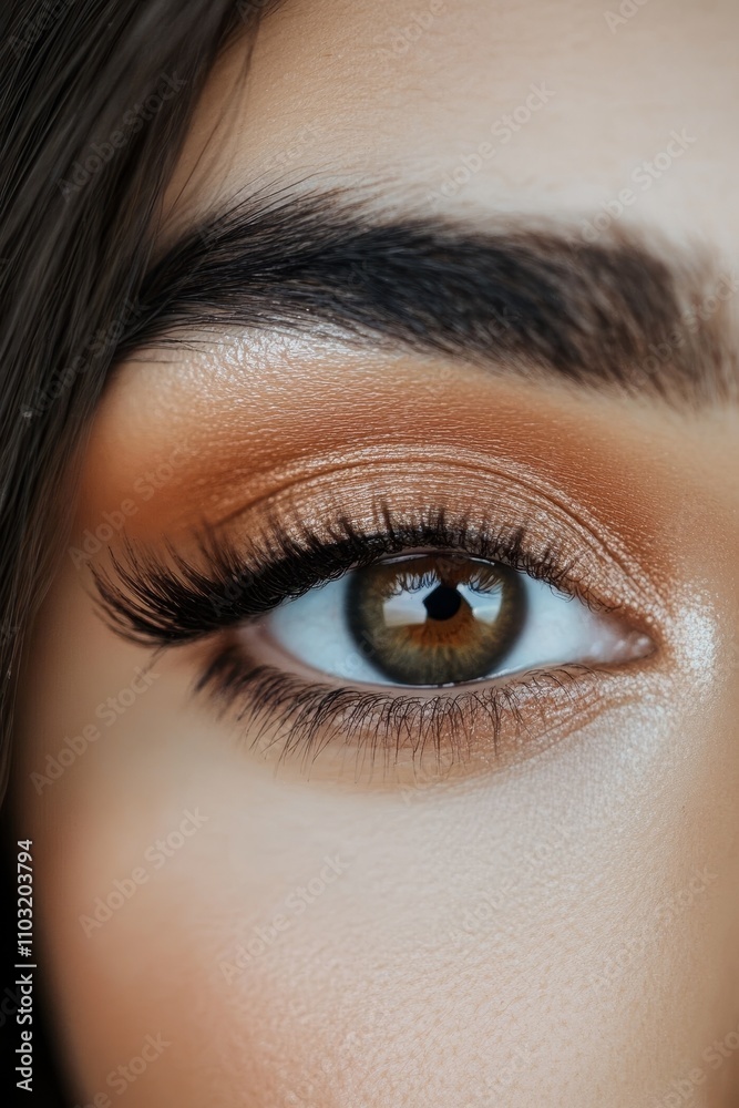 Obraz premium Intense focus on an eye showcasing detailed makeup application with shimmering eyeshadow and defined eyelashes.