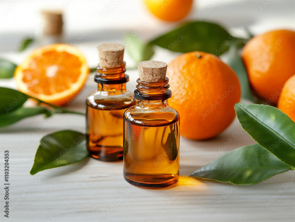 Tangerine essential oil bottles with fresh fruits240 Tangerine essential oil bottles with fresh fruits240