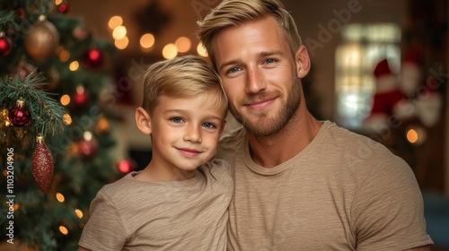 A joyful father and son in matching outfits smile warmly beside a beautifully decorated Christmas tree with glowing lights.