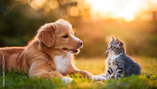 A playful golden retriever puppy frolics on the grass, showcasing its adorable canine charm