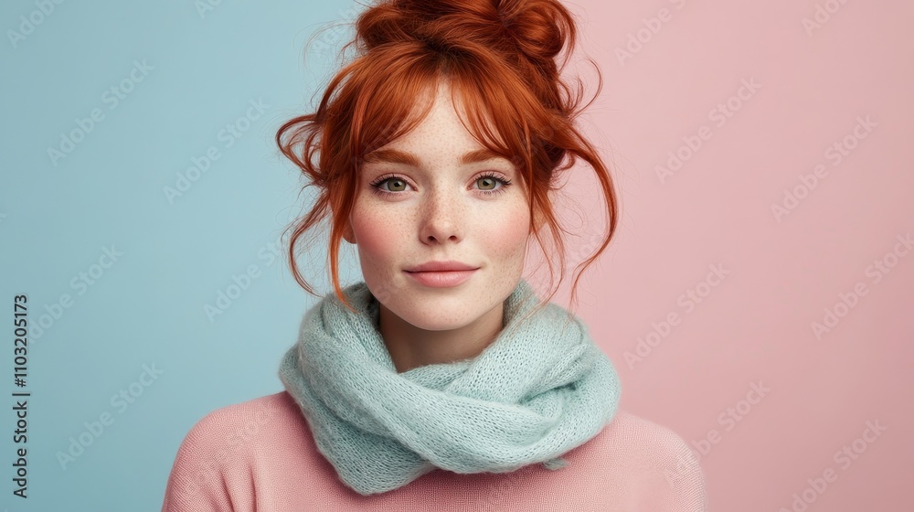 Portrait of a smiling redhead woman wearing a light blue knit scarf against a pastel pink and blue background. Portrait of a smiling redhead woman wearing a light blue knit scarf against a pastel pink and blue background.