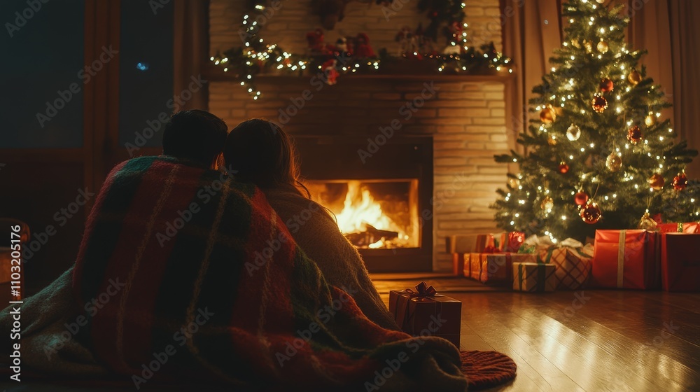 A couple enjoys a warm holiday evening, embracing by the fireplace with a decorated Christmas tree and gifts nearby. A couple enjoys a warm holiday evening, embracing by the fireplace with a decorated Christmas tree and gifts nearby.