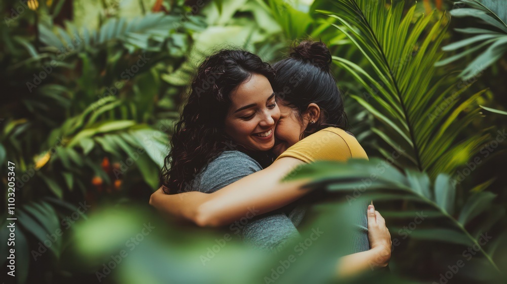 A comforting embrace between friends, framed by a lush green environment for empathy A comforting embrace between friends, framed by a lush green environment for empathy