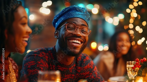 A joyful man smiles widely at a festive holiday gathering with friends, surrounded by warm lights and decorations.