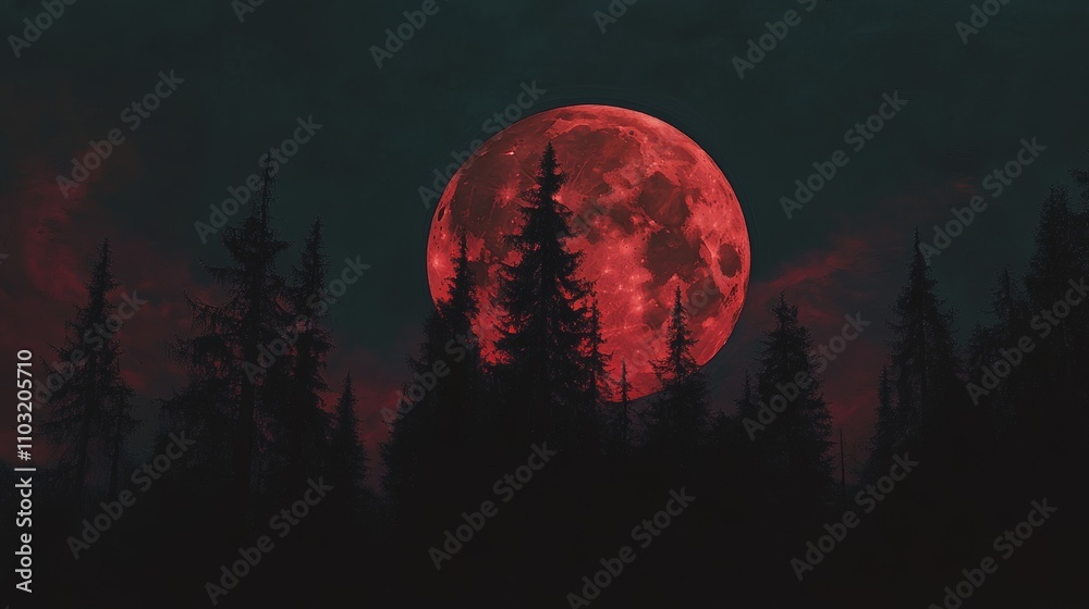 A dramatic red moon illuminates the night sky above dark silhouetted forest trees, creating a mysterious and atmospheric scene. A dramatic red moon illuminates the night sky above dark silhouetted forest trees, creating a mysterious and atmospheric scene.
