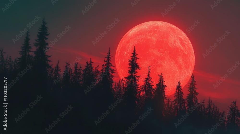 Dramatic view of a vibrant red supermoon illuminating a dark forest, creating a mysterious and captivating night landscape.