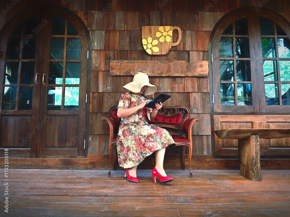 Fototapeta premium Beautiful young woman in a hat and dress is sitting on the porch of a wooden house.